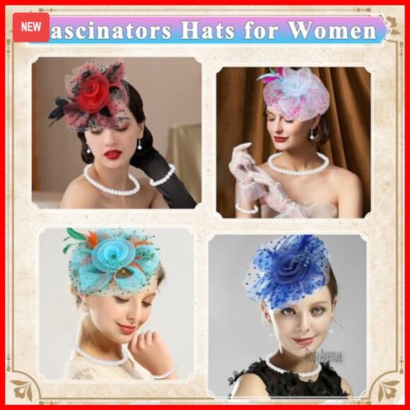 6 Fascinator Hats with Pearl Jewelry Set for Derby Wedding Cocktail Party main image 4